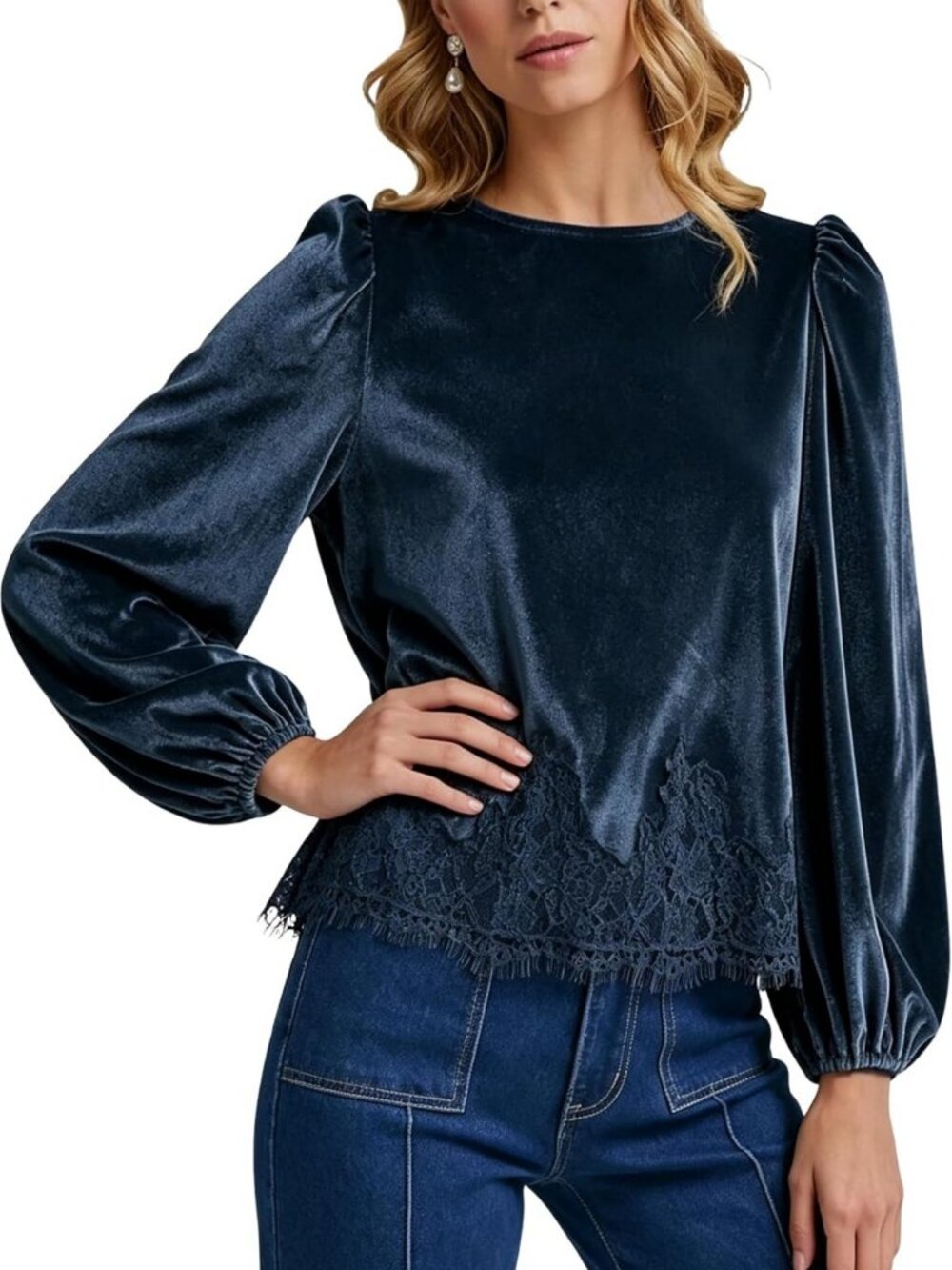 Chic Velvet Lace Blouse with Puff Sleeves | Trendy Babydoll Top for Women